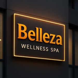Belleza Wellness Spa exterior sign lit up at night