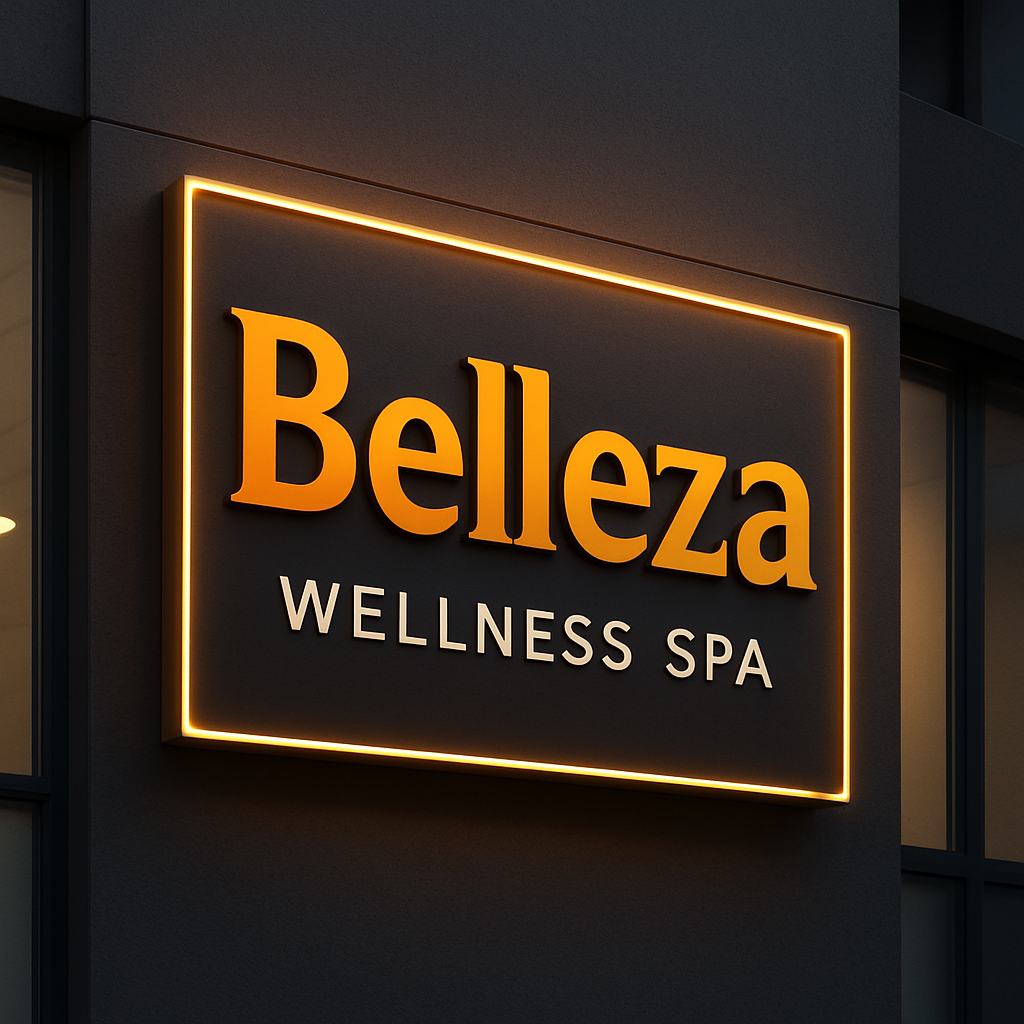 Belleza Wellness Spa exterior sign lit up at night